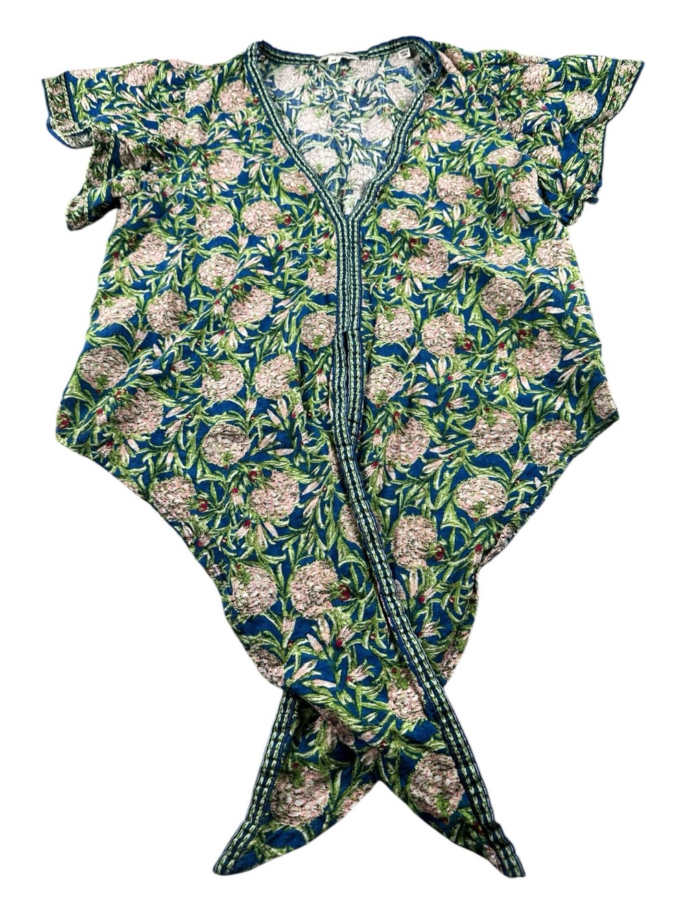 Max Studio London Floral Tie Front Blouse XS Blue Green Boho - Picture 6 of 12